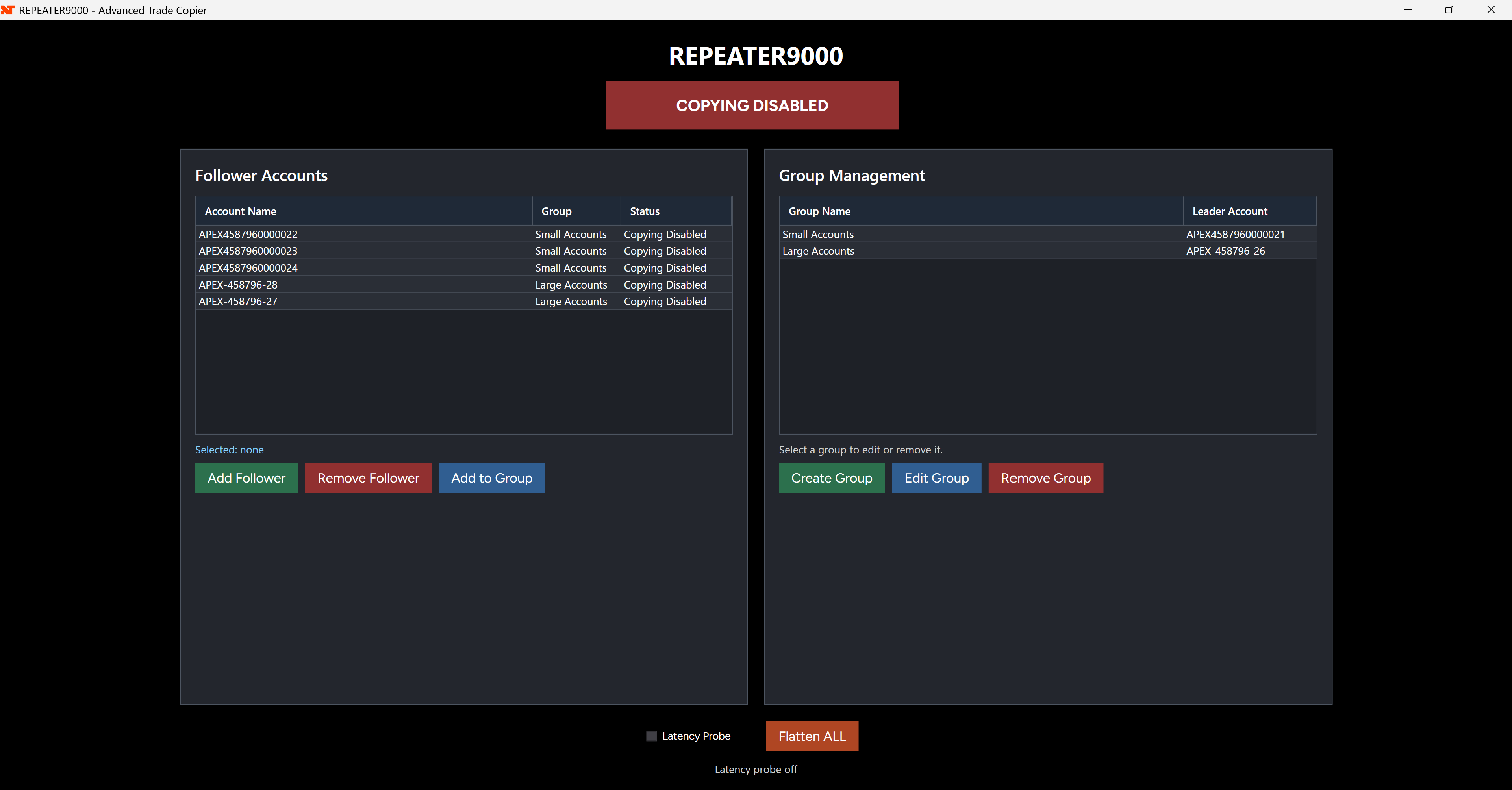 REPEATER9000 trade copier control window running in NinjaTrader 8