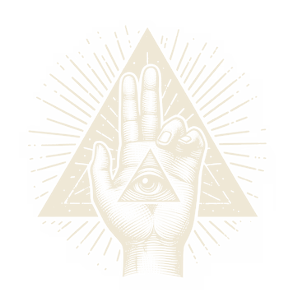 Hallowed Finance emblem - an upraised hand bearing the all-seeing eye within a radiant triangle